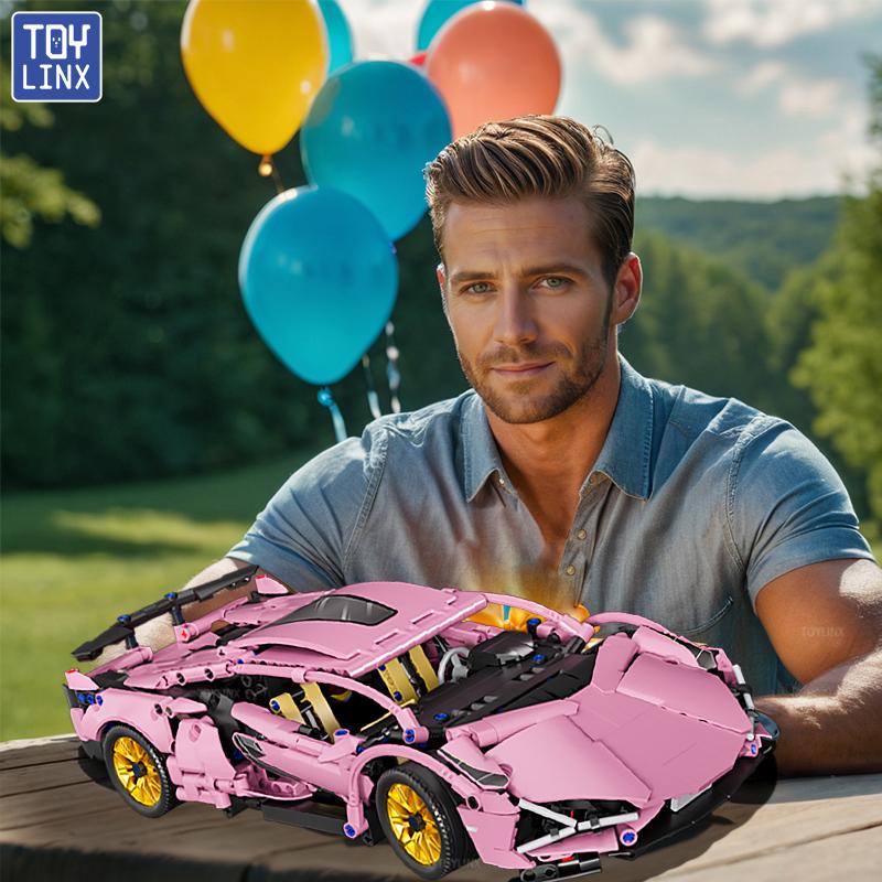 TOYLINX Super Pink Technisches Geschwindigkeitsfahrzeug Bausteine Autorennen Steine Spielzeug Geburtstags- Weihnachtsgeschenke für Kinder