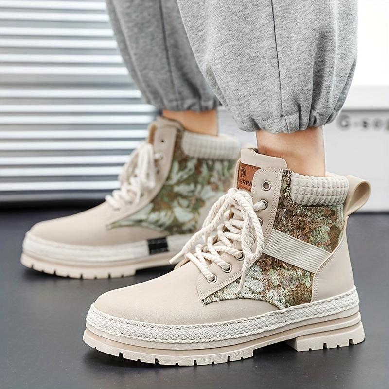 [Trendy High-Top Sneakers] Trendy High-Top Casual Sneakers - Men's Lace-Up Boots with Furry Collar & Side Zipper, Durable for Outdoor & Casual Attire