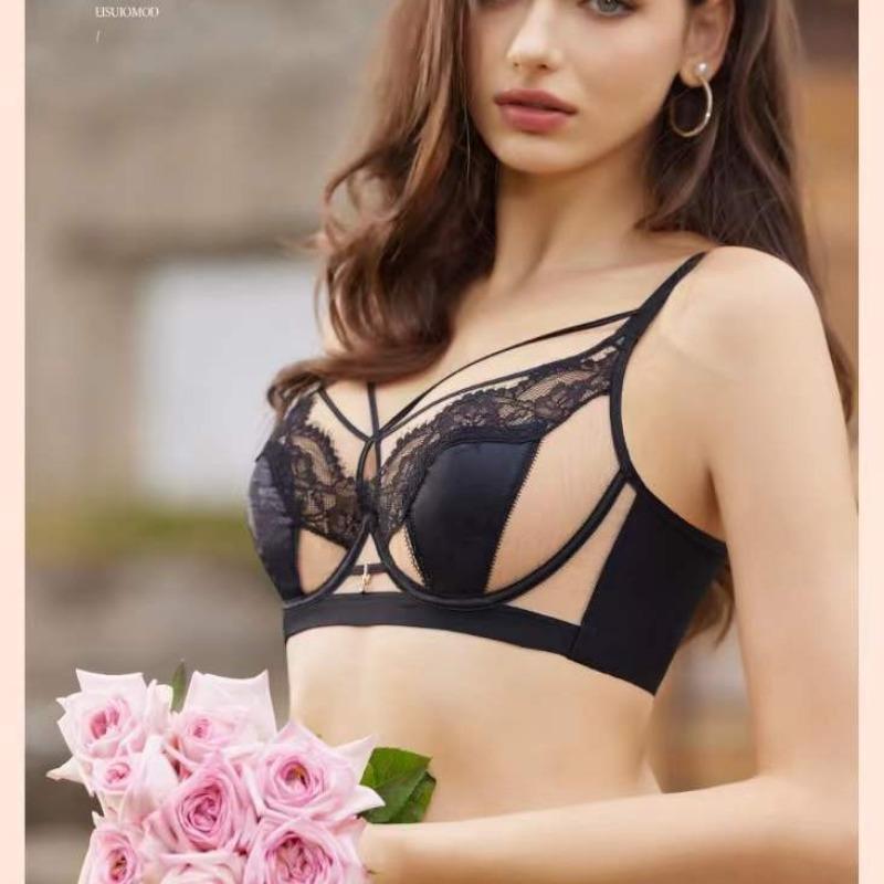 Large Bust-slimming French Bra for Women with Soft Underwire Ultra-thin Lace and Crystal Cups