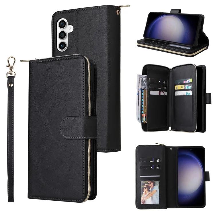 

For Samsung Galaxy S23 FE Leather Case Zipper Pocket Cell Phone Cover with Hand Strap