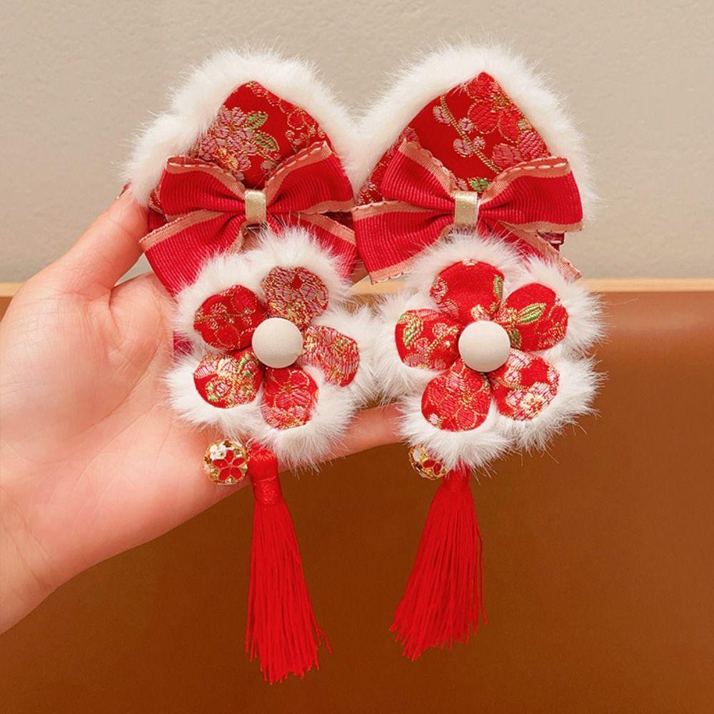Tassel Children Red Bow Hairpin Plush Hanfu Hair Sticks Lovely Ancient Style Hairpin Children