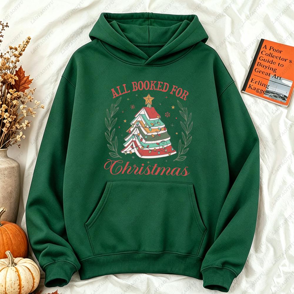 All Booked for Christmas Book Tree Hoodies Women Retro Bookworm Graphic Sweatshirt Aesthetic Winter Oversized Streetwear