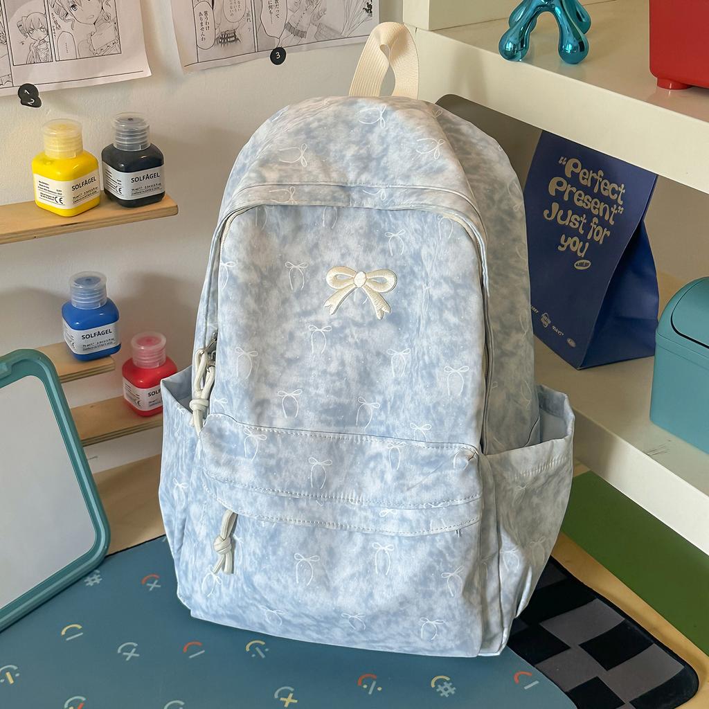 Schoolbag New Korean Version Ins Tie-dye Wind Fog Feeling Small Fresh Backpack Bow Print Primary School Bag Women's Backpack