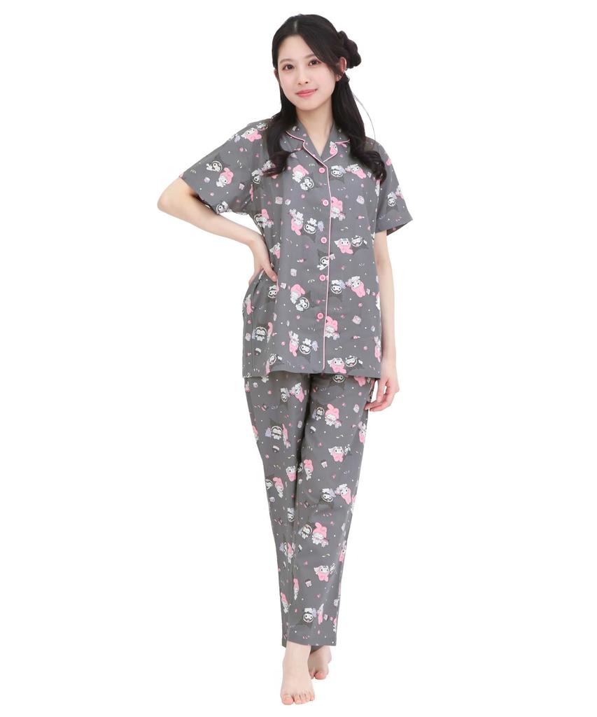SAZAC Angel My Melody X Kuromi Shirt Cotton Short Sleeve and Long Pants Loungewear Pajamas, 100% Broadcloth, Women's Set, (Black/M/SAN1947)