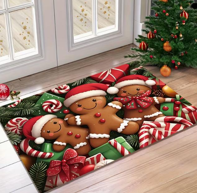 Christmas Gingerbread Man Design Doormat Premium Flannel Suitable for Decorating Bathrooms Living Rooms Bedrooms Kitchens Mat