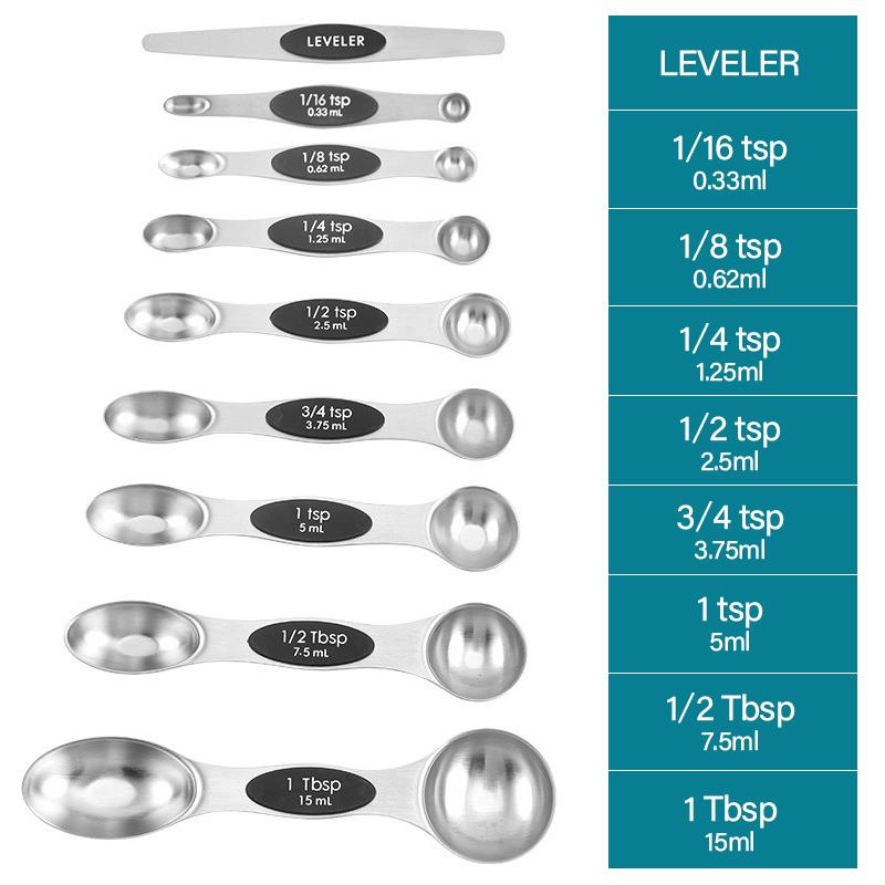 Juego de 9 Piezas de Cucharas Medidoras de Acero Inoxidable con Succión Magnética Cuchara Dosificadora de Gramos con Báscula Cuchara Medidora Herramienta de Horneado LS007