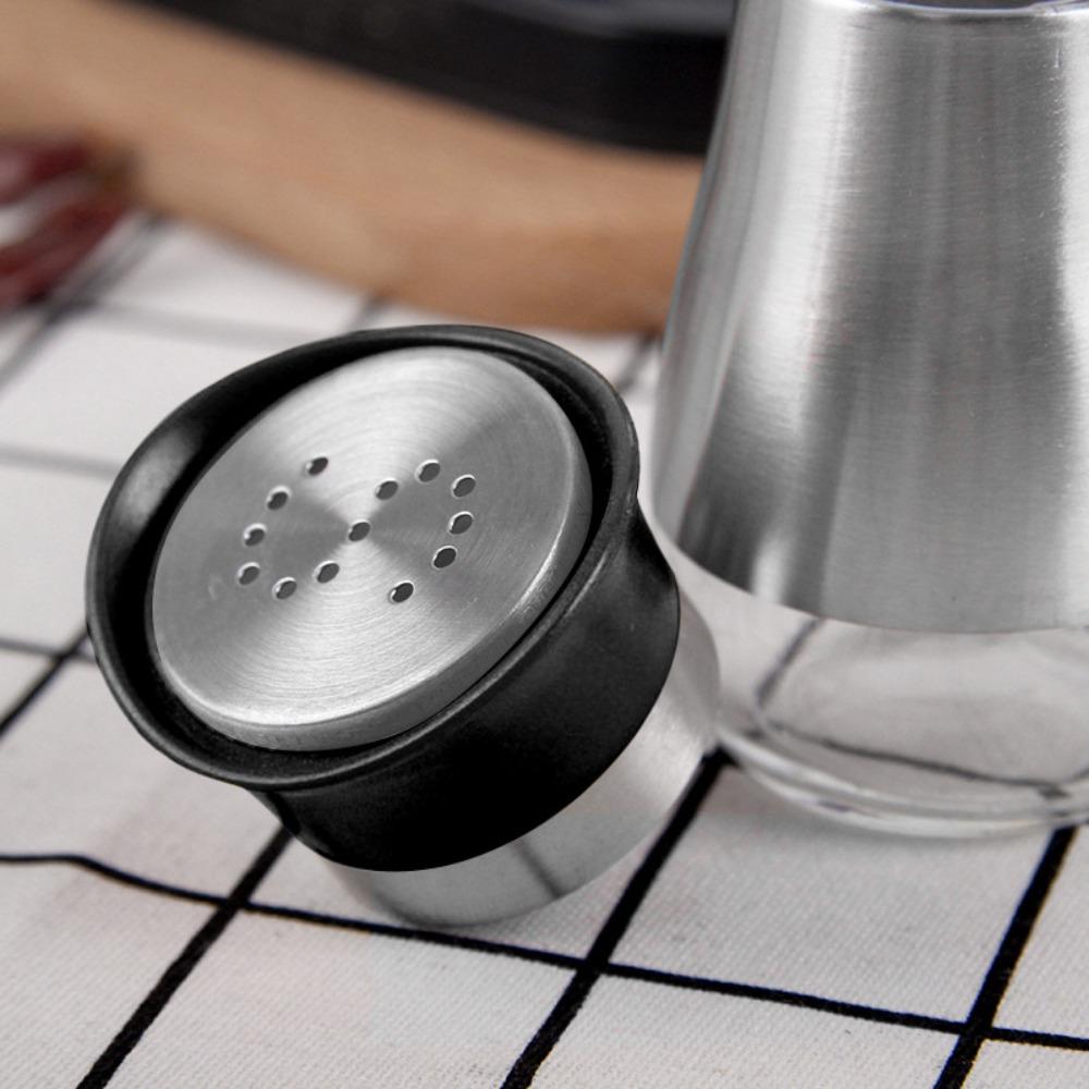 2Pcs/Set Salt & Pepper Kitchen Glass Spice Bottle Refillable Black Condiment Jar with Pour Holes with Rack Spice Dispenser