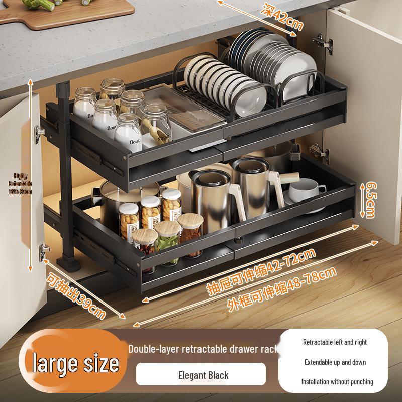 Punch-Free Under-Mount Kitchen Cabinet Pull-Out Dish & Bowl Storage Rack