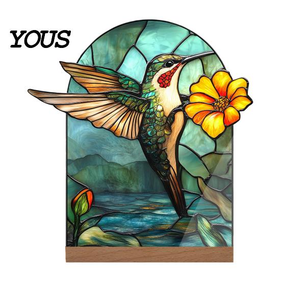 Stylish Interior Ornament Stained Glass Style Acrylic Table Centerpieces, Floral & Landscape Pattern Durable Desk Tabletop Sign with Wood Base