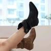 Fashion Women Chunky Heeled Western Boots Faux Suede Ankle Boots Woman Autumn Vintage Loose Tube Pleated Mid Calf Cowboy Botas Mujer