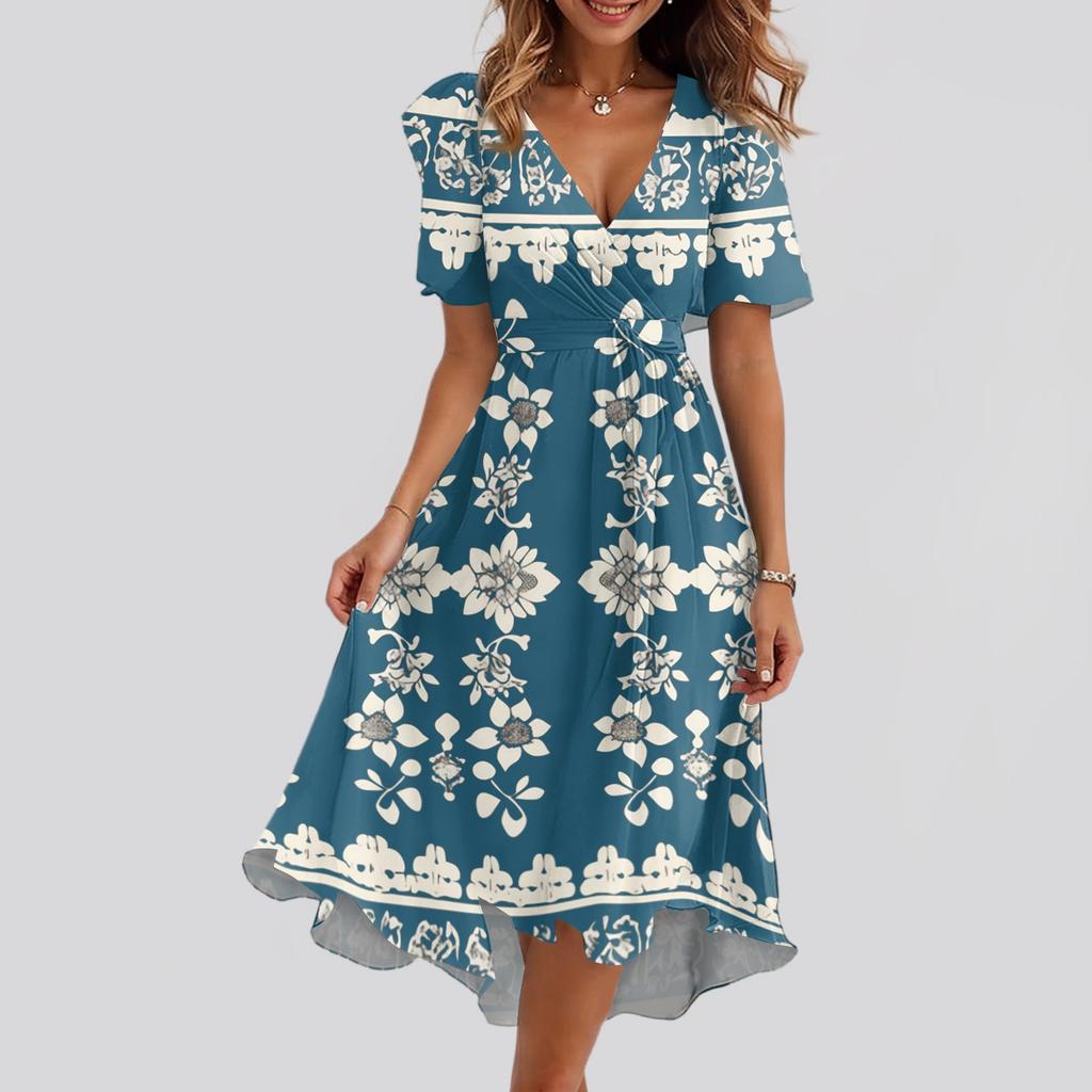 Women's Loose Casual  V-Neck Flared Skirt Short Sleeved Printed Dress Printed Dress
