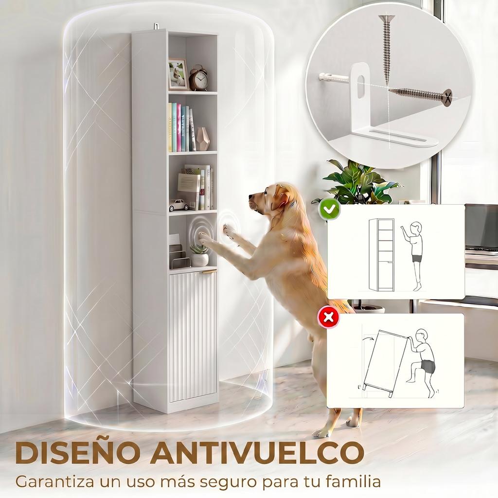 Tall Narrow Bookshelf, 6-Tier, 4 Open Shelves, Door, Adjustable Shelf, White