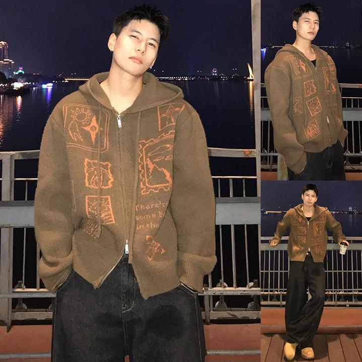 Herren Kapuzen-Retro-Farbblock-Strick-Cardigan-Pullover, Old Money Stil Herbst Winter Oberbekleidung