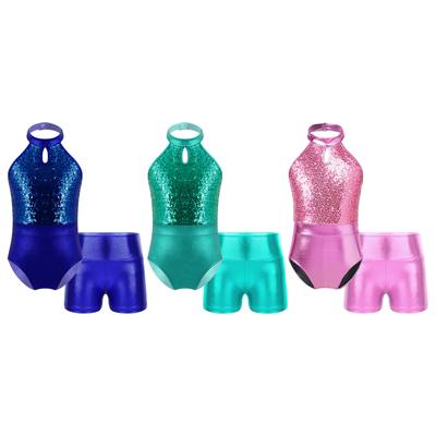 Kinder-Mädchen-Gymnastik-Tanz-Outfits, glitzerndes Pailletten-Trikot und Shorts, Tanzkleidung