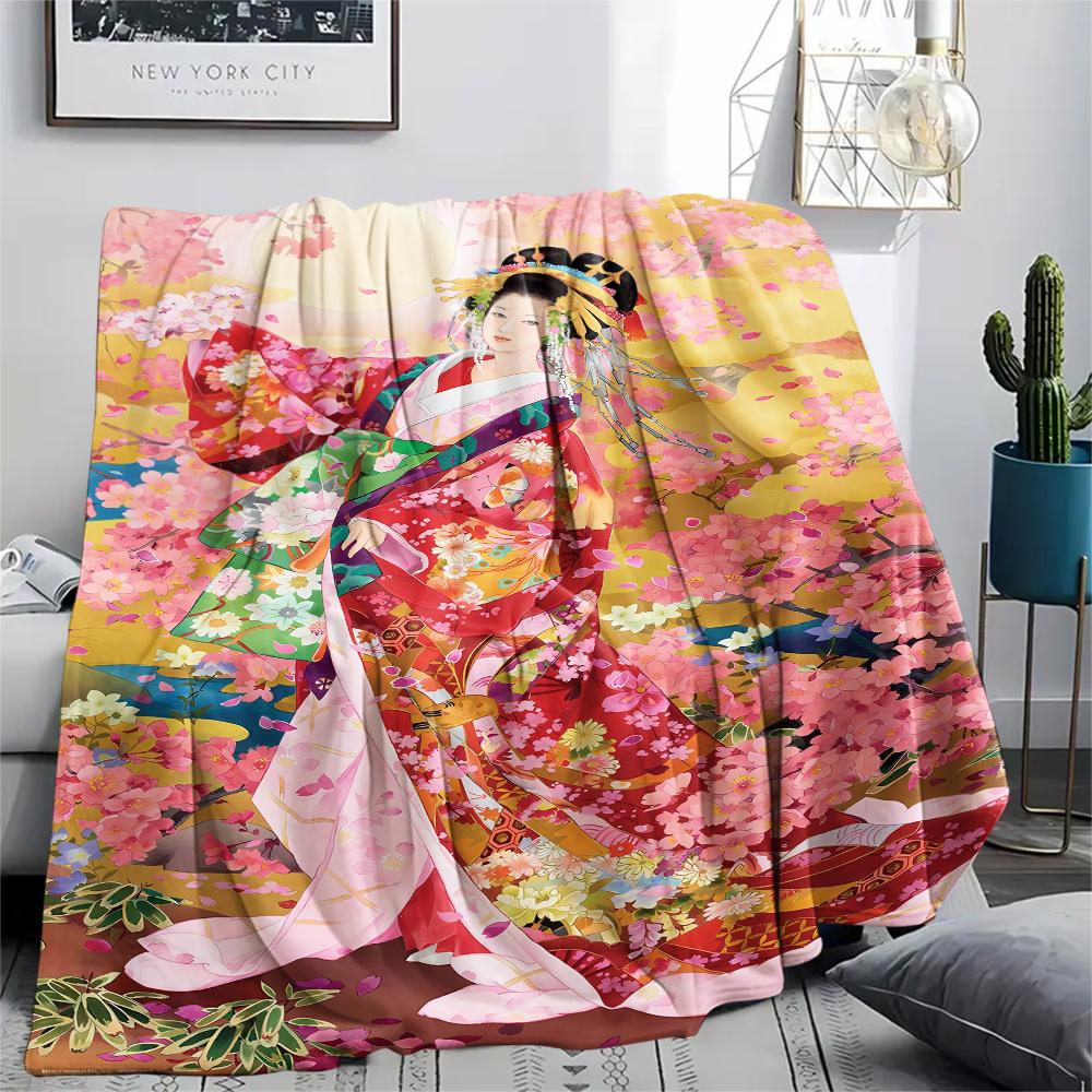 1Pc Japanese Pattern Print Flannel Blanket, High Quality Comfortable for All Seasons, Home Decor, Warmth and Comfort, Perfect for Christmas Gifts