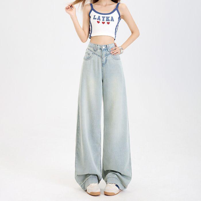 Spring Summer Tencel Cotton Lyocell Relaxed Wide Leg Denim Pants For Ladies Casual Pants Oversize Denim Trousers XS