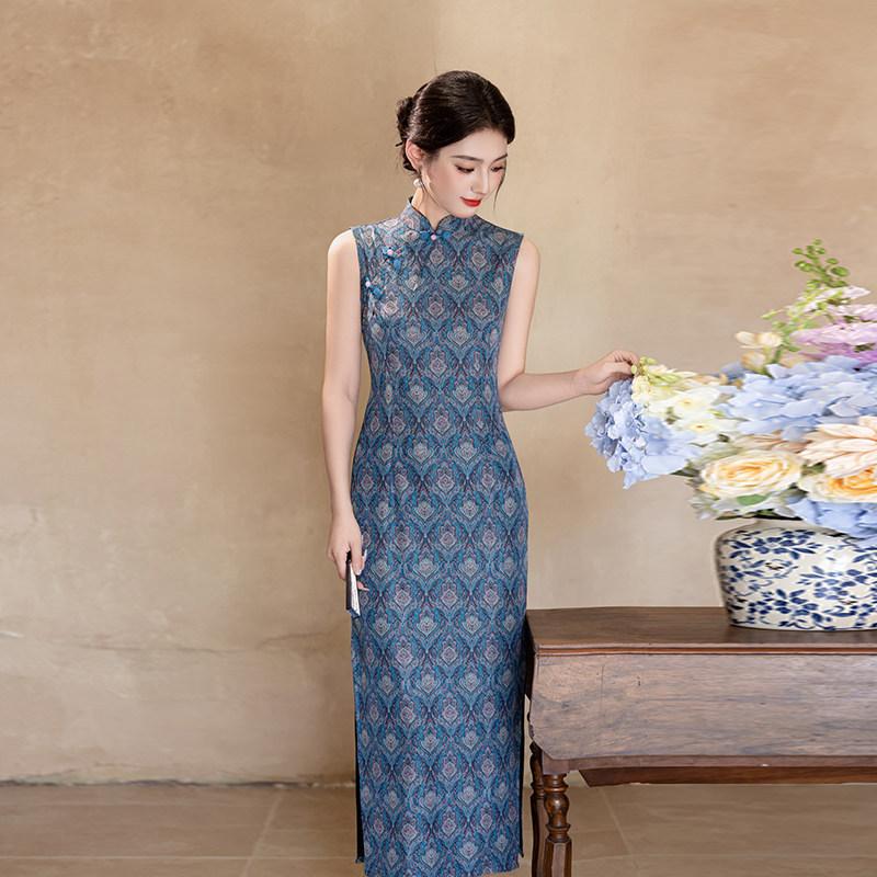 Blue sleeveless national style new Chinese daily Suzhou long cheongsam improved young 1011 new women's high sense