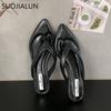 Fashion SUOJIALUN 2025 Summer New Women Slipper Fashion Pointed Toe Slip On Flip Flop Shoes Low Wedge Heel Outdoor Vacation Slides Shoes