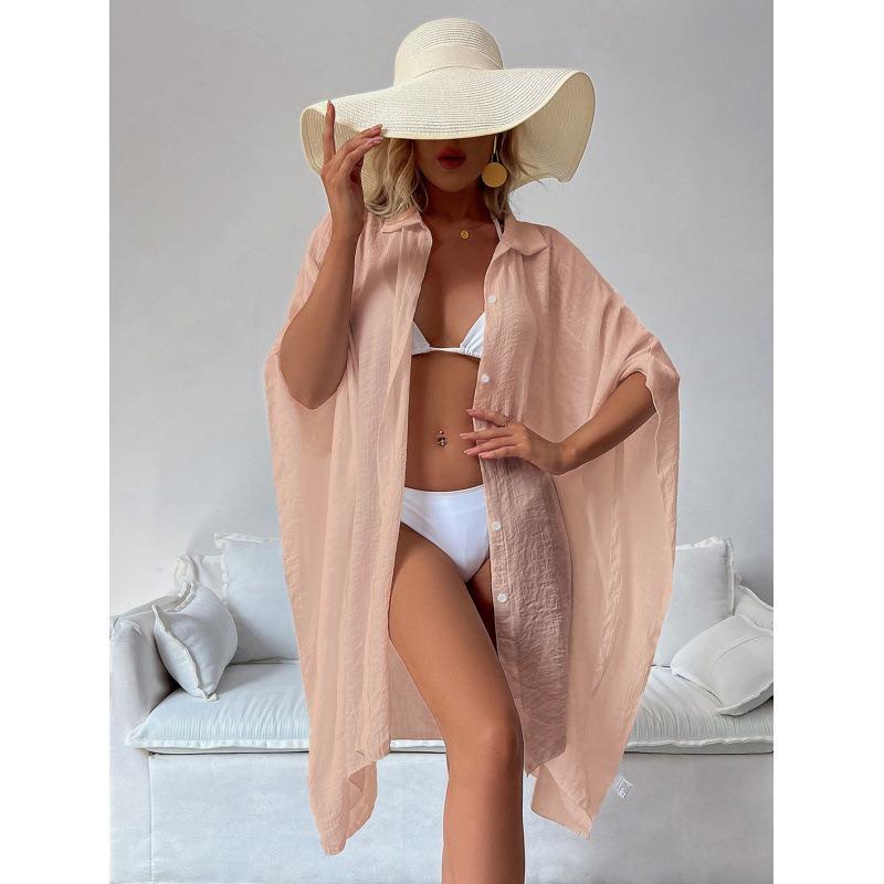 Loose Shirt-Style Beach Cover-Up | Vacation Kimono for Bikini, Long Length Solid Color with Lapel Collar