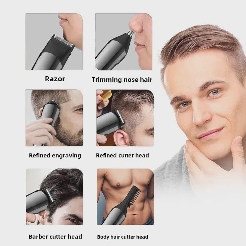 Rechargeable Multifunctional Hair Clipper Set with LCD Display - Six-in-One Electric, Washable Grooming Kit