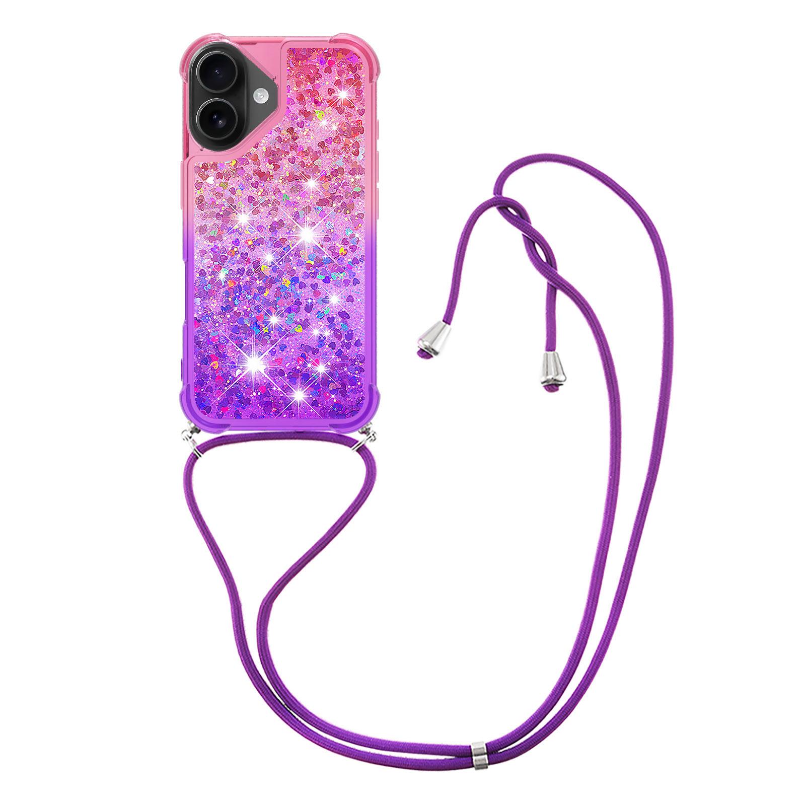 

For iPhone 17 Phone Case Gradient Quicksand TPU Back Cover with Long Strap Pink/Purple