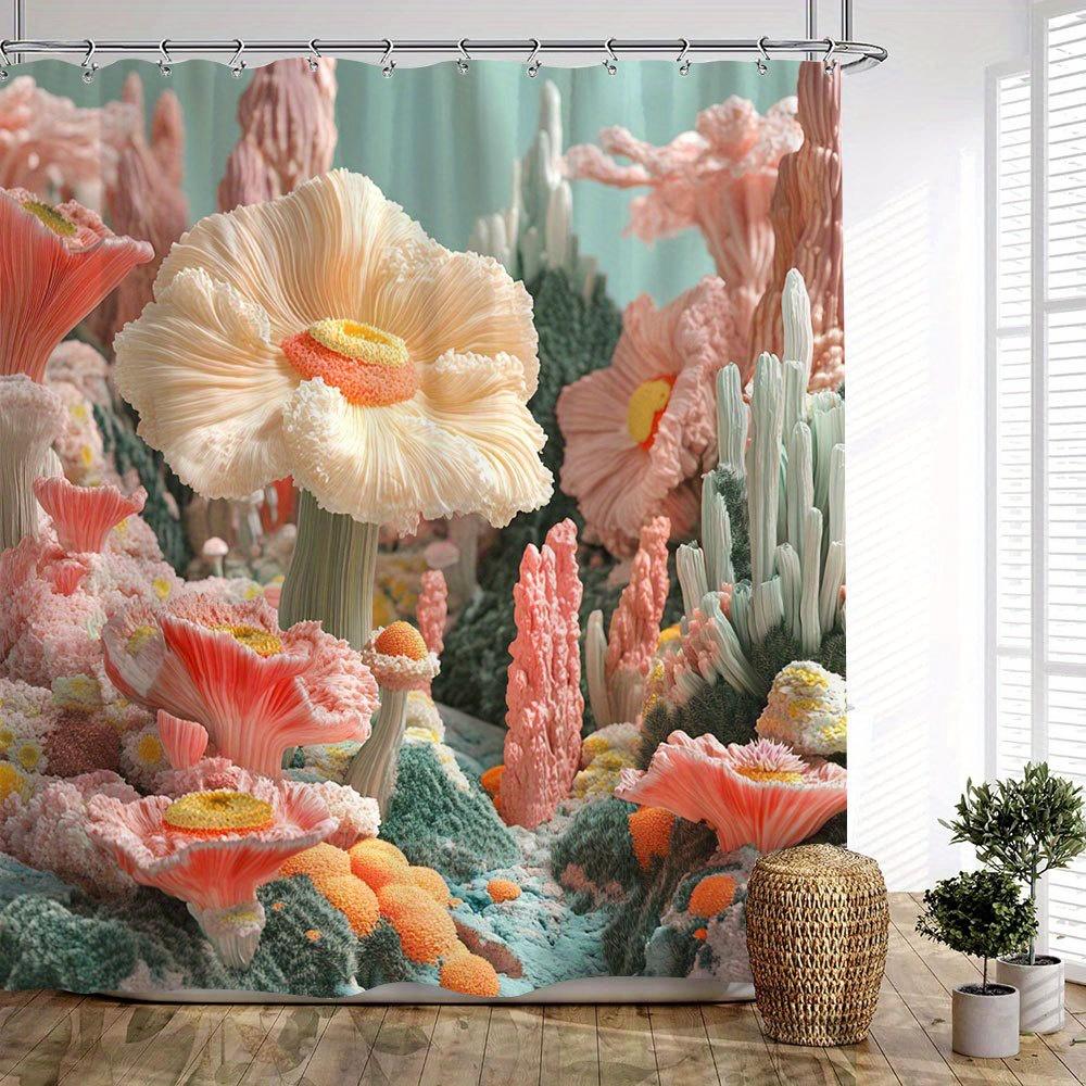 

1pc Surreal Garden Bath Curtain - Hyper-Realistic Digital Art with White Ruffled Flowers, Yellow-Orange Centers & Pink-Red Bloom 90x180cm