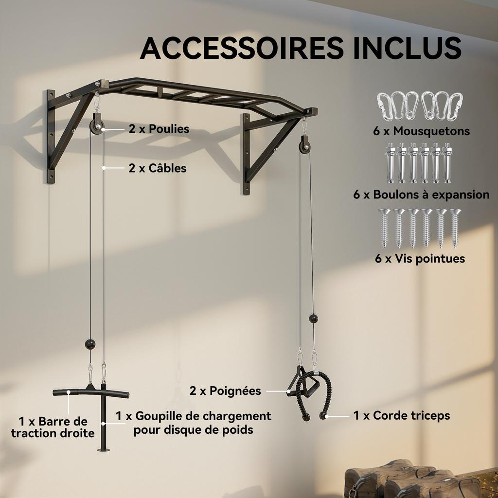 Wall-Mounted Pull-Up Bar Multi-Grip Fitness Bar with Cable Pulley System, 200kg Load, Steel 126x60x45.5cm, Black