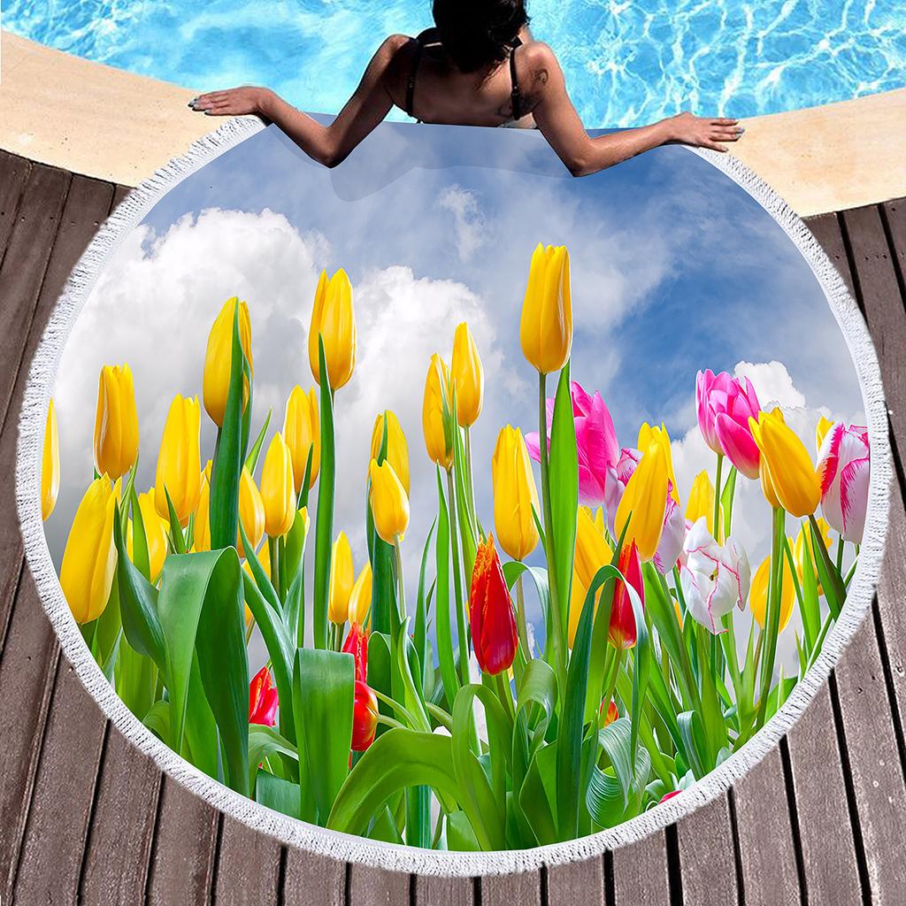 Round Beach Towel Flower Tulip Microfiber Beach Towels Quick Dry Super Absorbent Pool Towels Sand Free Beach Blanket for Pool