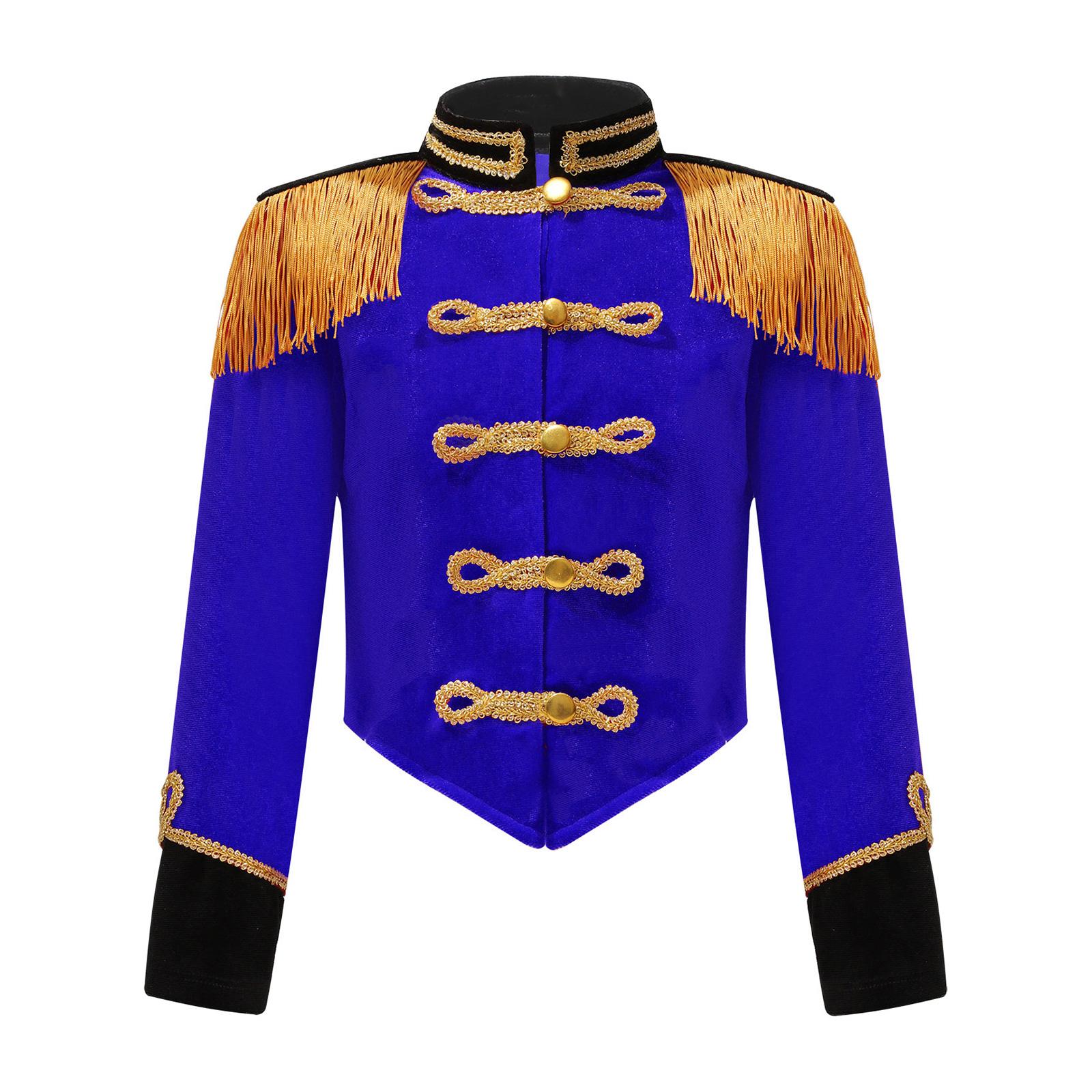 Kinderen Halloween Circus Ringmeester Cosplay Kostuum Jongens Meisjes Lange Mouw Franje Kwastje Jas Notenkrakers Trommelmajoor Kostuums 6 blauw