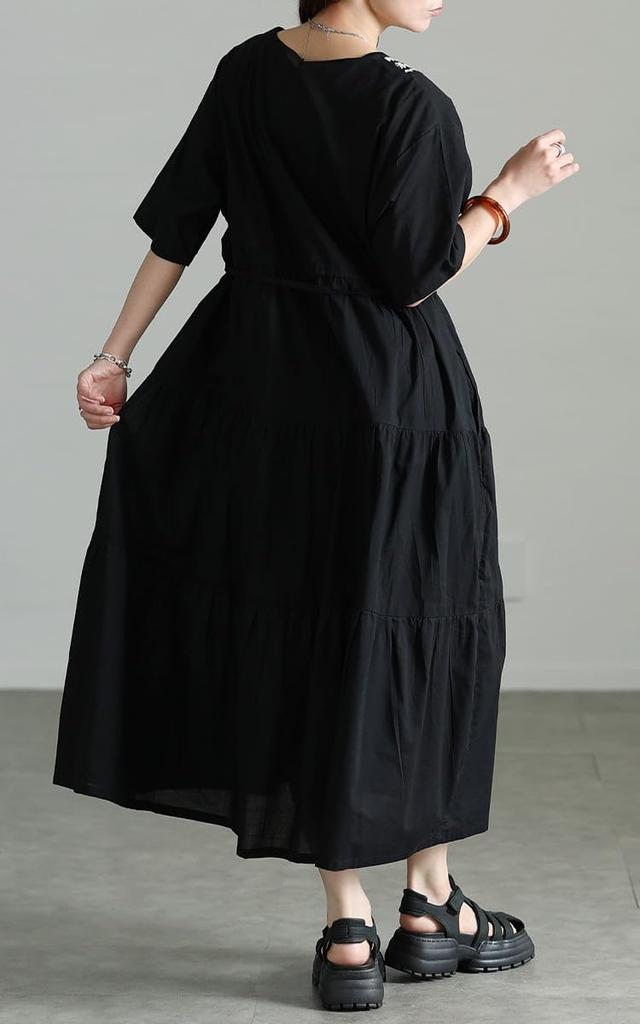 Plus Size Long Sleeved Embroidered Floral Leaf Tiered Keyhole Neck Indian Cotton Summer Autumn Spring Black [Gold Japan] Women's Kt-26mi3 LL-4L