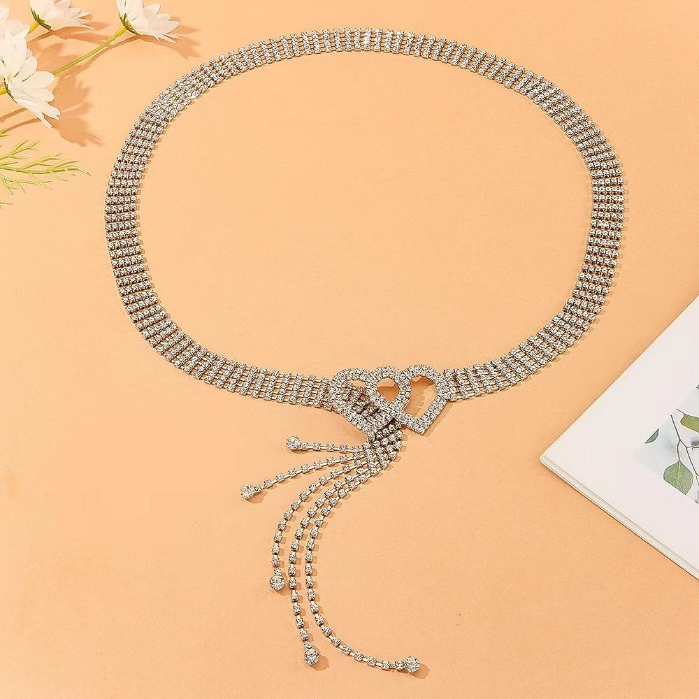 Double Heart Buckle Rhinestone Chain Belt Gold Silver Color Waist Chain Belt  Gift