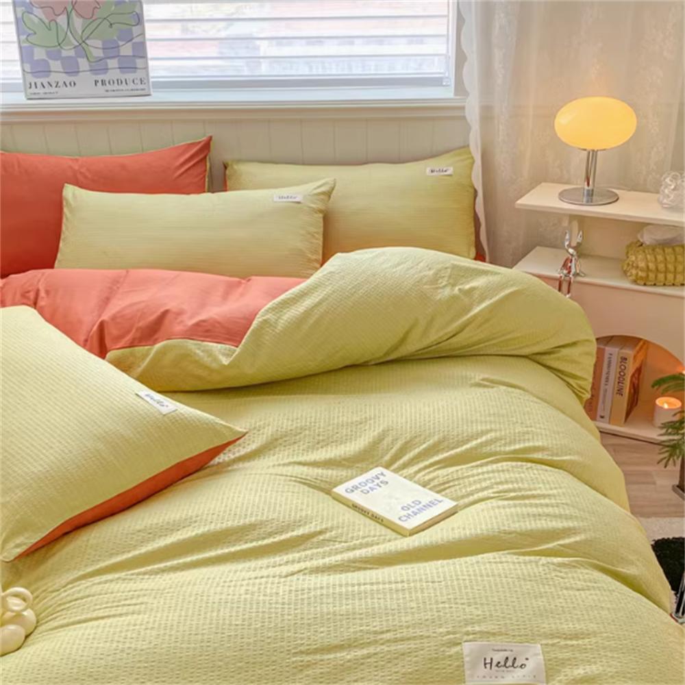 Waffle Washed Cotton Four Piece Set, Non All Cotton Bedding, Pure Cotton Bedding, Student Dormitory Bed Sheets Duvet Cover Set
