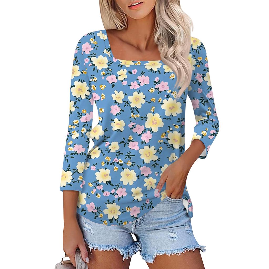 Dámské tričko s potiskem a 3/4 rukávy pro každodenní nošení i na víkend, módní základní top se čtvercovým výstřihem, běžný střih