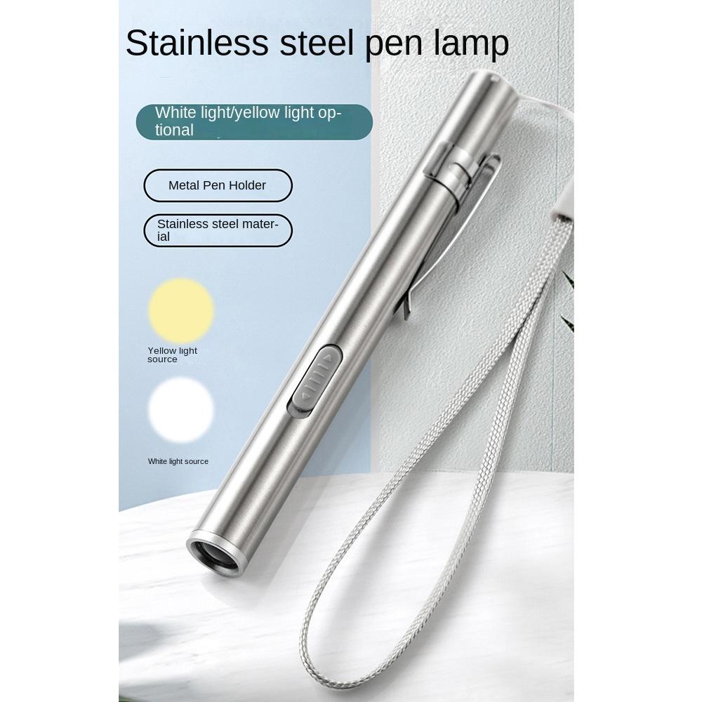 Stainless Steel Doctors Pen Light Yellow/ White Light Portable LED Mini Torch with Steel Clip Water-proof