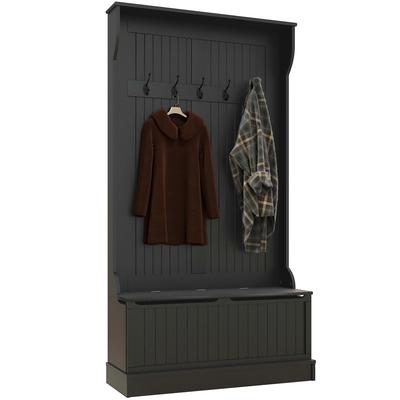 Cuier Cabinet de Pantofi cu Bancă de Depozitare și 5 Cârlige Stil Modern 96x34x179,7 cm Negru