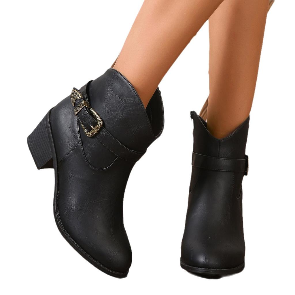 Large size western denim style thick heel leather boots 2025 new European and American fashion belt buckle decorative side zipper boots