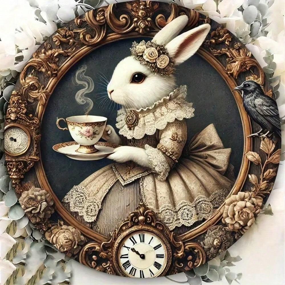 Vintage Round Metal Sign Rabbit Clock 20x20cm Home Wall Art Decor