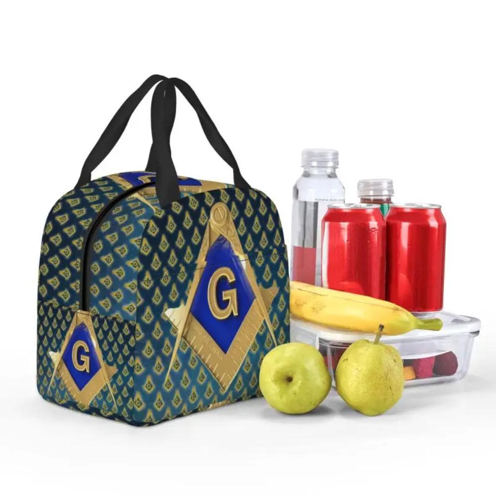 Custom Freemason Square & Compass Gold Masonic Thermal Insulated Lunch Bag Women Resuable Lunch Tote for Picnic Storage Food Box