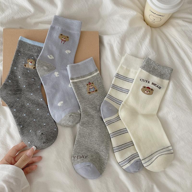 Female Autumn New Striped Polka Dot Collocation Cartoon Bear Academy Wind Tube Stack Socks