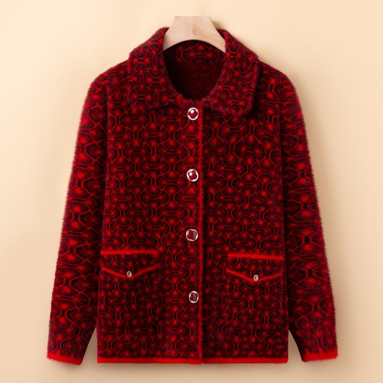 Middle-aged Mother Imitation Mink Wool Knitted Jacket Middle-aged and Elderly Women's Thickened Large-size Sweater Jacket Old Lady Clothes