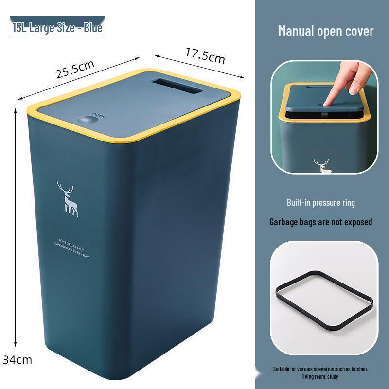 High-Capacity Press-Open Trash Can with Lid for Kitchen & Living Room - Stylish & Popular