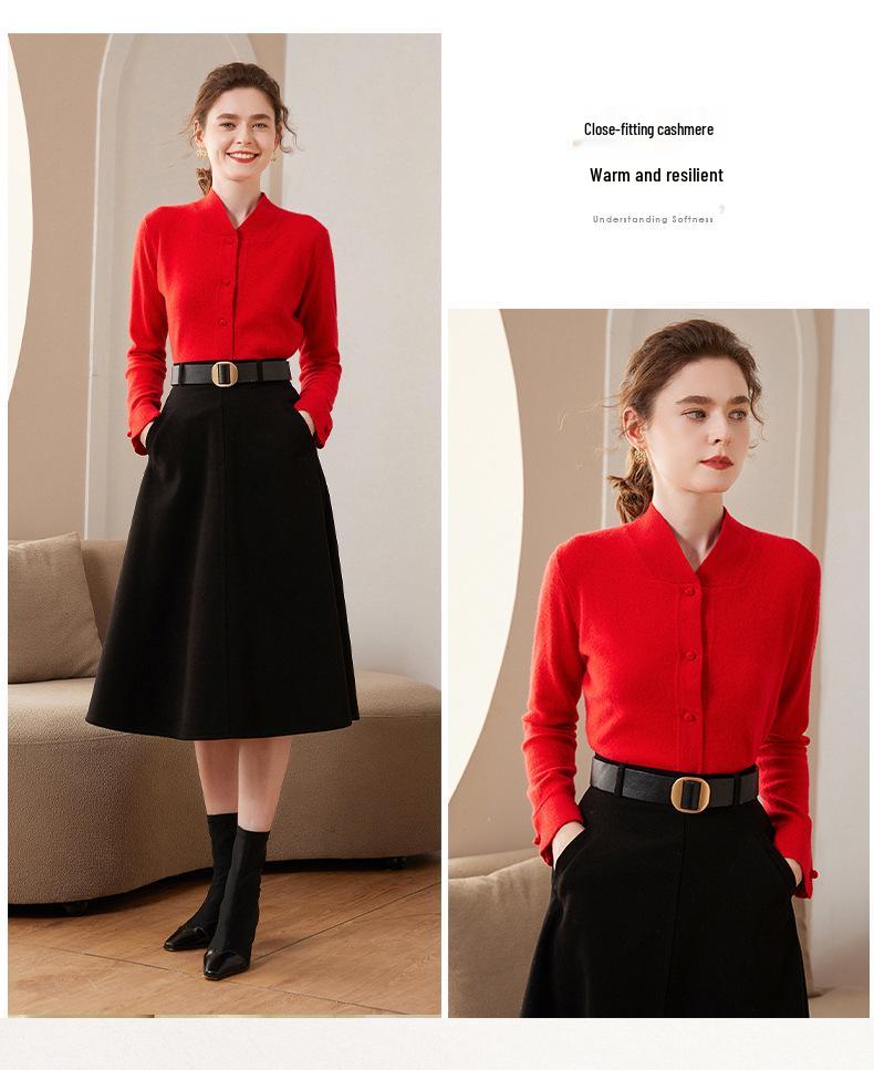 Women's Hand-Knitted Cashmere Cardigan, Short Stand Collar, Loose Fit, Big Red, Autumn/Winter Sweater.