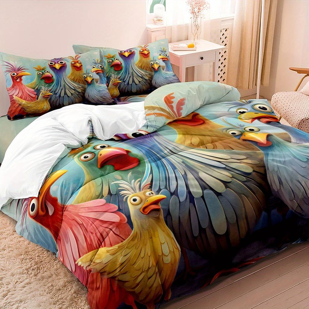 Set Copripiumino con Galline 3 Pezzi 1*Federa Copripiumino, 2*Federe Cuscino, Senza Imbottitura, Set Biancheria da Letto con Stampa 3D Gallina Pompiere, Morbido