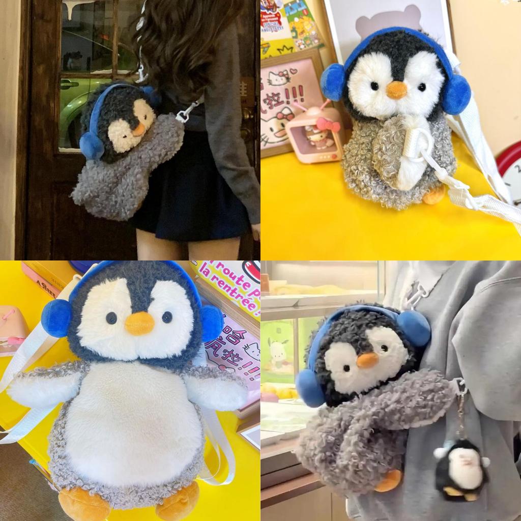 Little Penguin Plush Crossbody Bag With Zipper Closure For Kids Daily Use