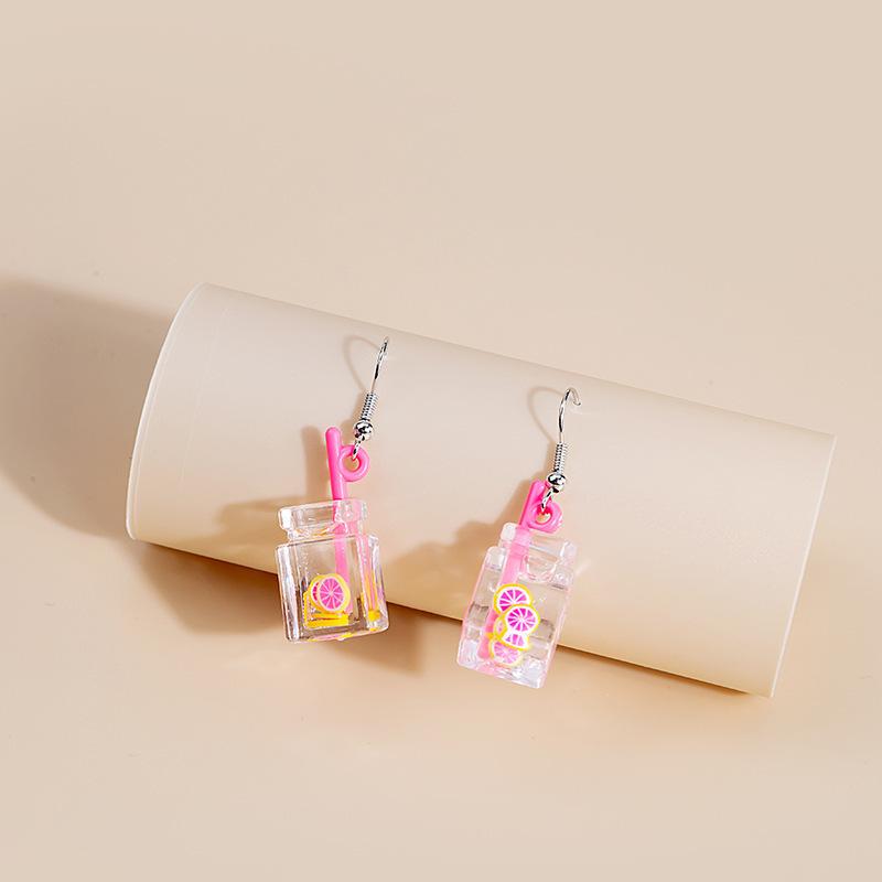 Cartoon Creative Handmade Milk Tea Cup Beverage Bottle Earrings, Funny Cute Mineral Water Bottle Earrings