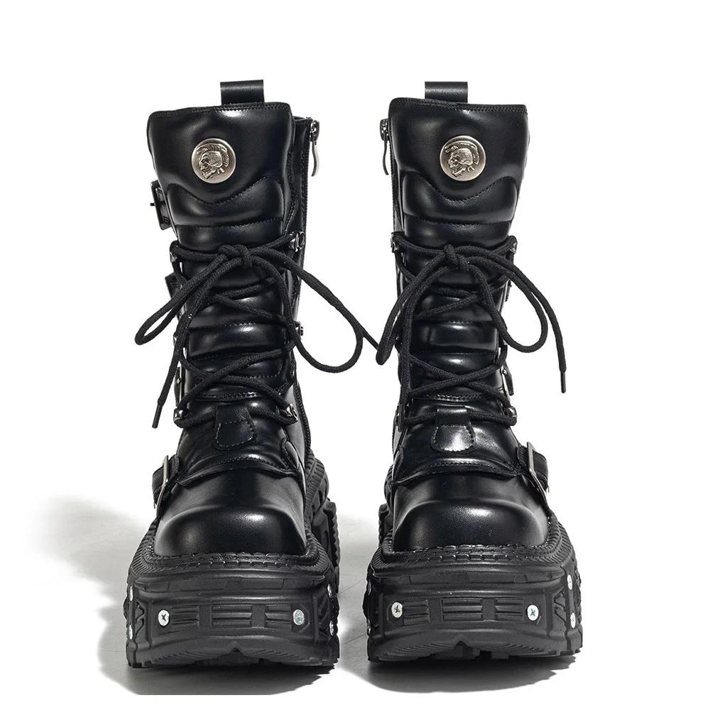 Punk Style Women Shoes Lace-up Platform Shoes Woman Rock Boots Metal Decor Thick Bottom Street Shot Knight