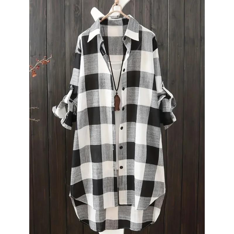 Women's Fashion Simple Flip Collar Shirt Top Versatile Roll Up Long Sleeved Top Plaid Button Shirt