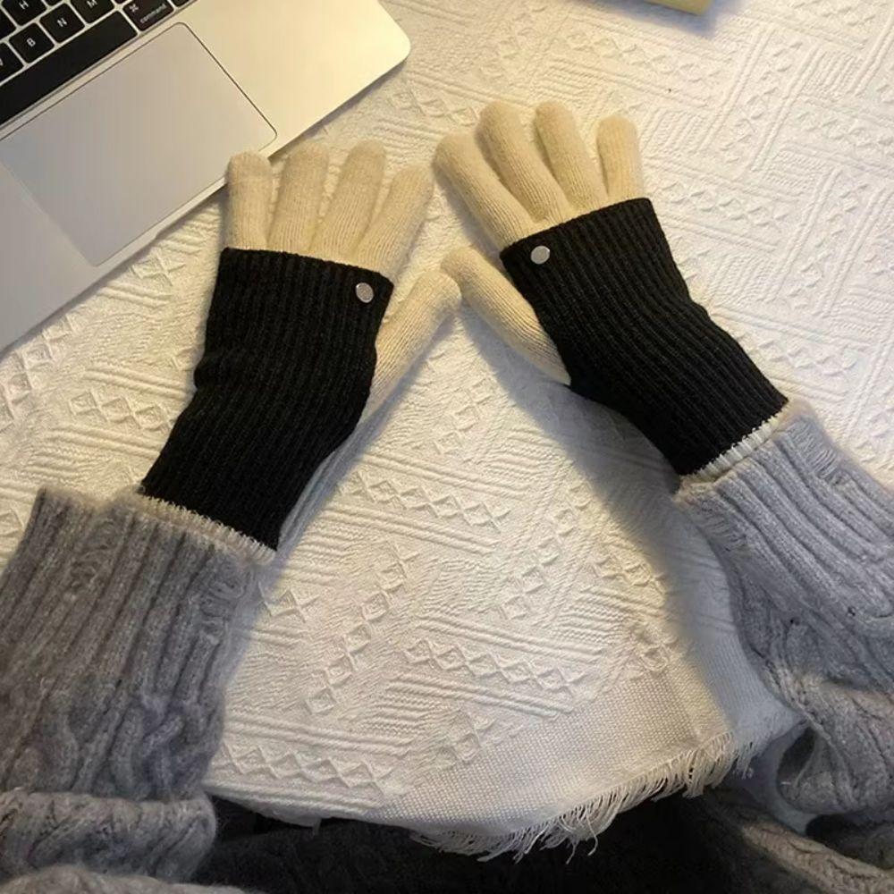 Dual-purpose Color Blocked Knitted Gloves Open-Finger Arm Cover Winter Women Gloves Daily Use
