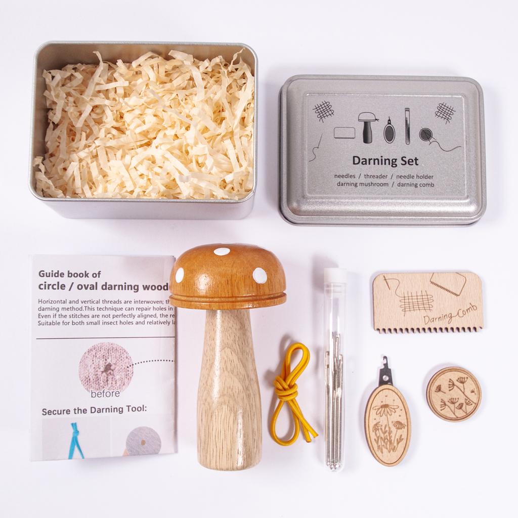 Darning Tools Set for Fabric Hole Repair, Multifunctional Repair Kit,   Big Mushroom Small Comb Needles Needle Holder Threader, Beech Wood, Ea