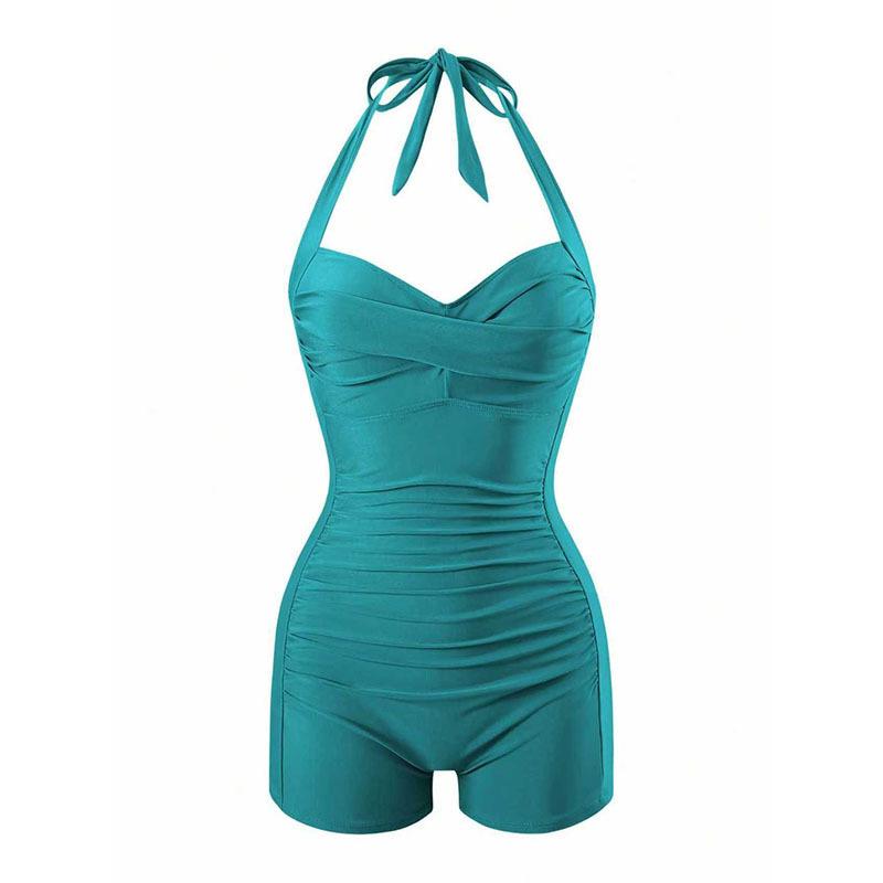 Women Lace Up Solid One Piece Modest Tummy Control Beach Swimsuit